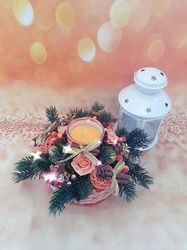 Christmas table decor, Christmas arrangement, Orange Christmas Candlestick, Christmas floral centerpiece with candle