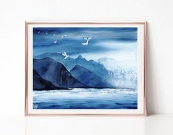 Blue Abstract Art, Landscape Watercolor Painting, Original Art, Mountain Painting, Best Wall Art for Living Room