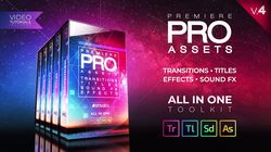 Premiere Pro Pack. 400 Creative Assets. Transitions, animated titles, sound FX, light leaks, geometric shapes, glitch