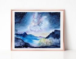 Northern lights Wall Art, Mountain Painting, Landscape Watercolor Painting, Original Art, Best Wall Art for Living Room