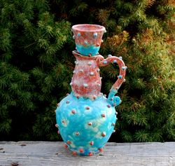 Ceramic jug, Blue Pottery Pitcher ,Liquor Decanter ,Brown Turquoise blue glazed, Textured Ceramics, Carafe with lid