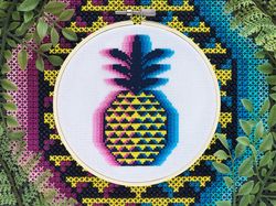Glitch Pineapple Cross Stitch Pattern PDF, Geometric Tropical Fruit, Food Abstract Embroidery Chart, Wall Decor, Digital