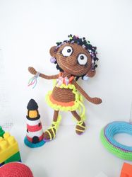 Amigurumi doll. Black girl doll. Brown skin girl. Little toy girl curly hair. Doll gift for girl. African crocheted doll