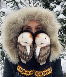 Unique handmade owl mittens. Warm woolen women's mittens with owls. Cute warm gloves for for adults and children