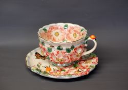 Porcelain Tea Set ,Mug and Saucer, Flowers Bees Butterflies Berries, Porcelain art ,Sculpture tea cup ,Pink wild rose ,