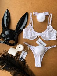 Lingerie set, White lingerie, Rabbit style, Harness bra, Strappy lingerie, Wedding lingerie, Sexy lingerie