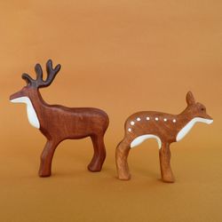 Wooden Deer and Fawn set (2 pcs) - Fawn figurine - Wooden animals - Wooden toys - Forest animals -Gift for kids