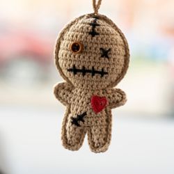 voodoo doll car hanging accessories, rear view mirror charm, creepy cute car pendant heart, crochet car decor for women