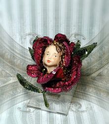 Embroidered peony brooch with a girl's face, 3D peony brooch, red flower