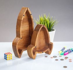 rocket ship wooden piggy bank spaceship nursery decor wood coin bank for boy girl adult montessori toy kid money box