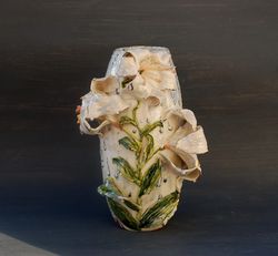 Porcelain Vase, Applied Flowers Vase ,sculpture White Lilies, Flower figurine ,Botanical porcelain art Made to order
