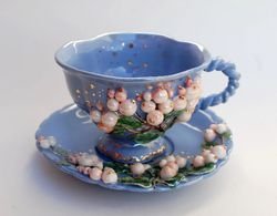 Snowberry cup and saucer set Blue white porcelain Beautiful handmade tea set Mug and saucer with berry decor, mom gift