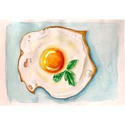 Fried Egg Painting Food Original Art Breakfast Artwork Meal Watercolor Wall Art