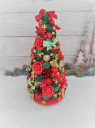 Rustic Christmas tree, Small table Christmas tree, Reception desk Christmas tree, Red and green miniature Christmas tree