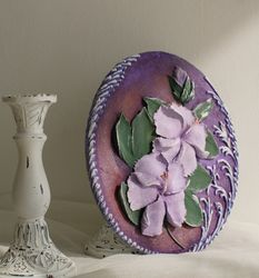 Hibiscus painting, original floral plaster sculpture, palette knife painting, plaster flowers.