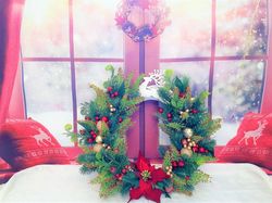 Green and red Christmas wreath, Red and gold door wreath, Christmas wreath with deer, Christmas wreath with poinsettia