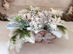 Christmas floral arrangement, Christmas gift, White and silver Christmas table décor, Christmas table centerpiece