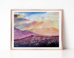 Sunset Art Abstract Art, Landscape Watercolor Painting, Original Art, Mountain Painting, Best Wall Art for Living Room