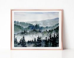 Foggy forest painting, Neutral Landscape Watercolor Painting, Original Art, Pine tree art, Best Wall Art for Living Room