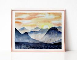 Abstract Art, Sunset Art Landscape Watercolor Painting, Mountain Painting, Original Art, Best Wall Art for Living Room
