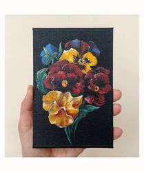 Pansy Painting Heartsease Original Artwork Floral Oil Painting Botanical Wall Art Small Oil Black Canvas Painting 6 by 4