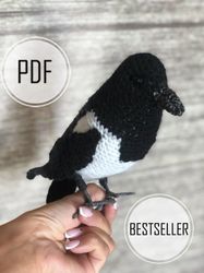 magpie crocheted, knitted bird, knit bird, knitted birds, bird toy, crochet bird, toy bird, amigurumi bird,  wild bird,