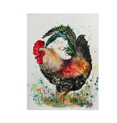 Farm Animals Painting Original Watercolor Art Work On Fabriano Paper 300 gr Rooster Wall Art