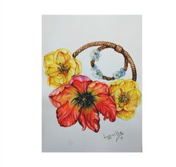 Tulips Flowers Wreath Painting Original Watercolor Art Work Realistic Floral Still Life Gift Idea For Woman