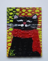 Original Painting Fluffy Black Cat in Scarf  ACEO Art Cat Lovers Art Collectible Pet Lovers Art
