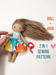 2 patterns in 1: Rag doll pattern + Doll hair pattern