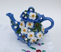 Blue and white porcelain Teapot Jasmine flowers Handmade Teapot with decor Bee Beautiful Art Teapot ,Gift mom
