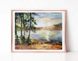 Pine Tree Forest Landscape Watercolor Painting, Sunset Art, Original Art for Sale, Best Wall Art for Living Room