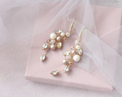 Champagne and ivory earrings bridal / Pearl and Crystal earrings / Wedding earrings / Vine earrings for bride e76