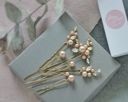 Champagne Bridal Hair Pin set / Gold Wedding Hair Accessories for Bride / Pink Pearl Wedding Hair Pins  p20