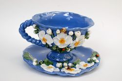 Blue porcelain cup and saucer White jasmine flowers Bees Volumetric decor Beautiful handcrafted tea set mug and saucer