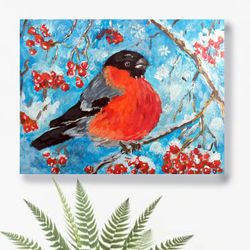 Bird Painting Bullfinch Original Art Snowbird Christmas Painting Small Artwork