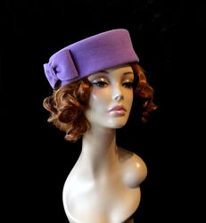 lilac pillbox hat, lilac winter hat, lilac felt hat, lilac wedding hat