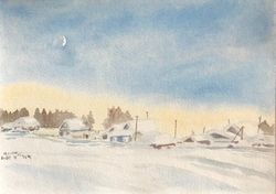 Winter village original watercolour painting