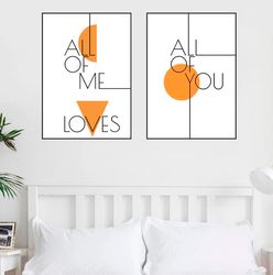 All of Me Loves All of You Digital Print Set of 3 Above Bed Decor Couple Bedroom Art Printable Wall Art Couple Quotes