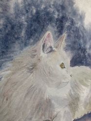 Original Watercolor painting Animal Wildlife White Cat Portrait