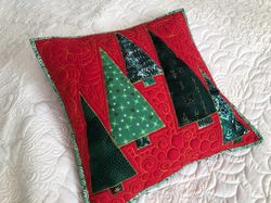Quilted Christmas pillowcase, Christmas trees quilted, Xmas decorative pillow, Red pillow cover, Winter quilted items