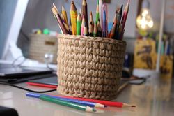 Jute Pencil Basket, Stand for Brushes and Pens, Crocheted small basket, Rustic boho decor, Eco-friendly