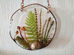 Pressed flower frame with ferns and mushrooms Mushroom decor wall hanging cottagecore