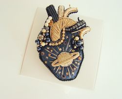 Brooch anatomical heart, embroidered brooch, beaded jewelry, crystal pin, handmade brooch gift