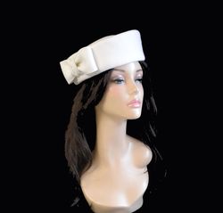 white pillbox hat, white winter hat, white felt hat, white wedding hat