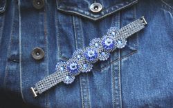 Gray blue cuff flower bracelet lampwork beads beaded bracelet