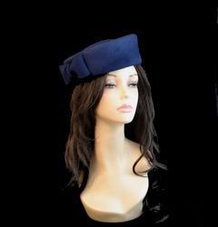 navy blue pillbox hat, navy blue winter hat, blue felt hat, guest wedding hat