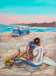 Volkswagen Painting Couple Original Art Seascape Impasto Painting Beach Wall Art Retro Car Artwork