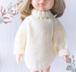 White Sweater for 13 inch doll, Paola Reina doll knitted clothes, Doll poncho sweater, Doll fashion, Knit Doll Clothes