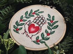 Heart in Hand Cross Stitch PDF Pattern Red String of Fate Modern Floral Embroidery Design Hand of Love Instant Download